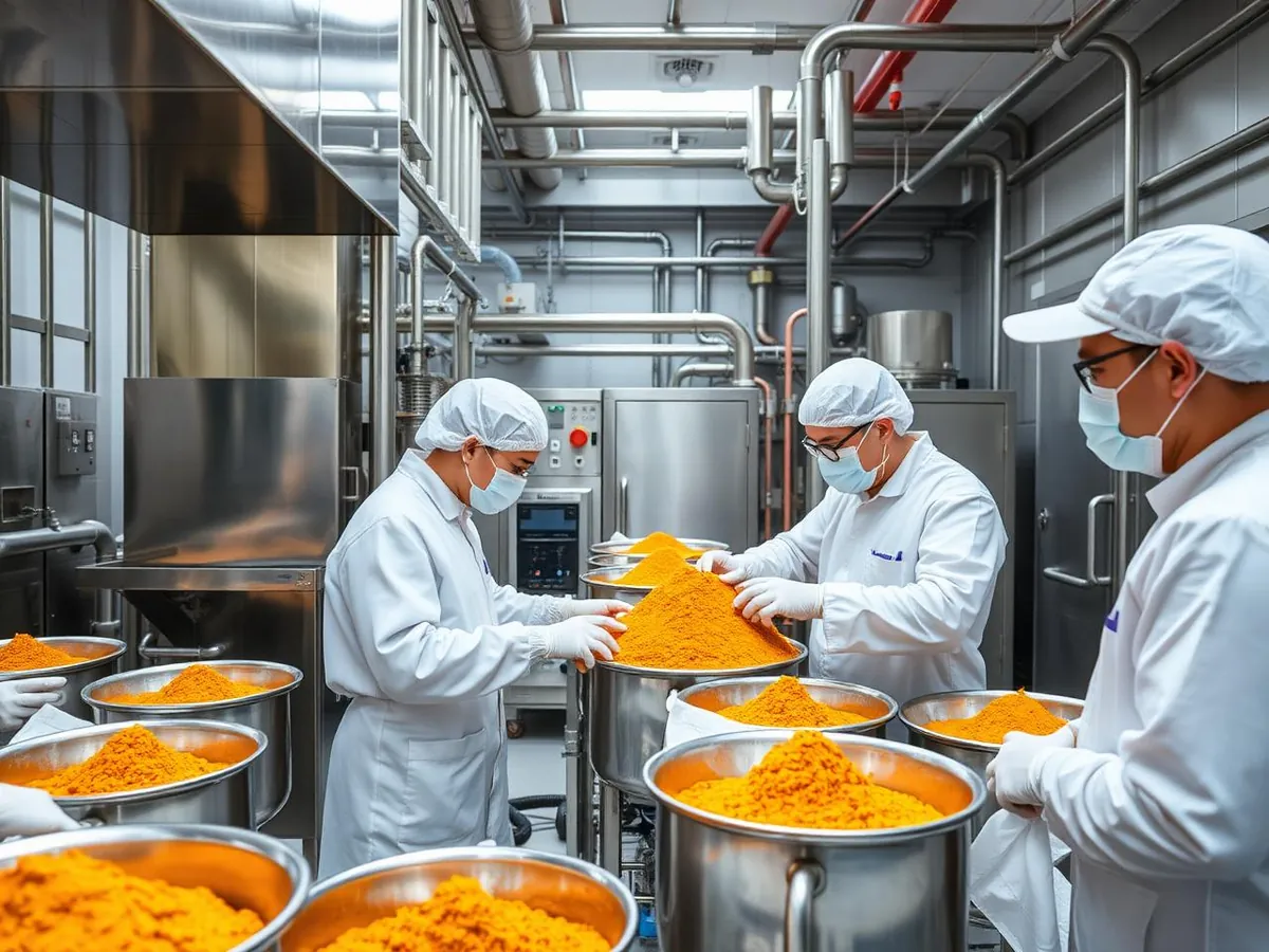 Technicians inspecting turmeric powder inside a hygienic processing facility