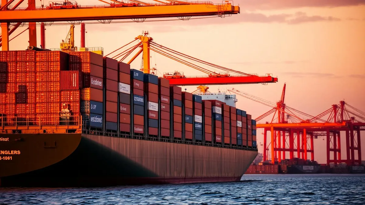 Container ship being loaded at a port at golden hour