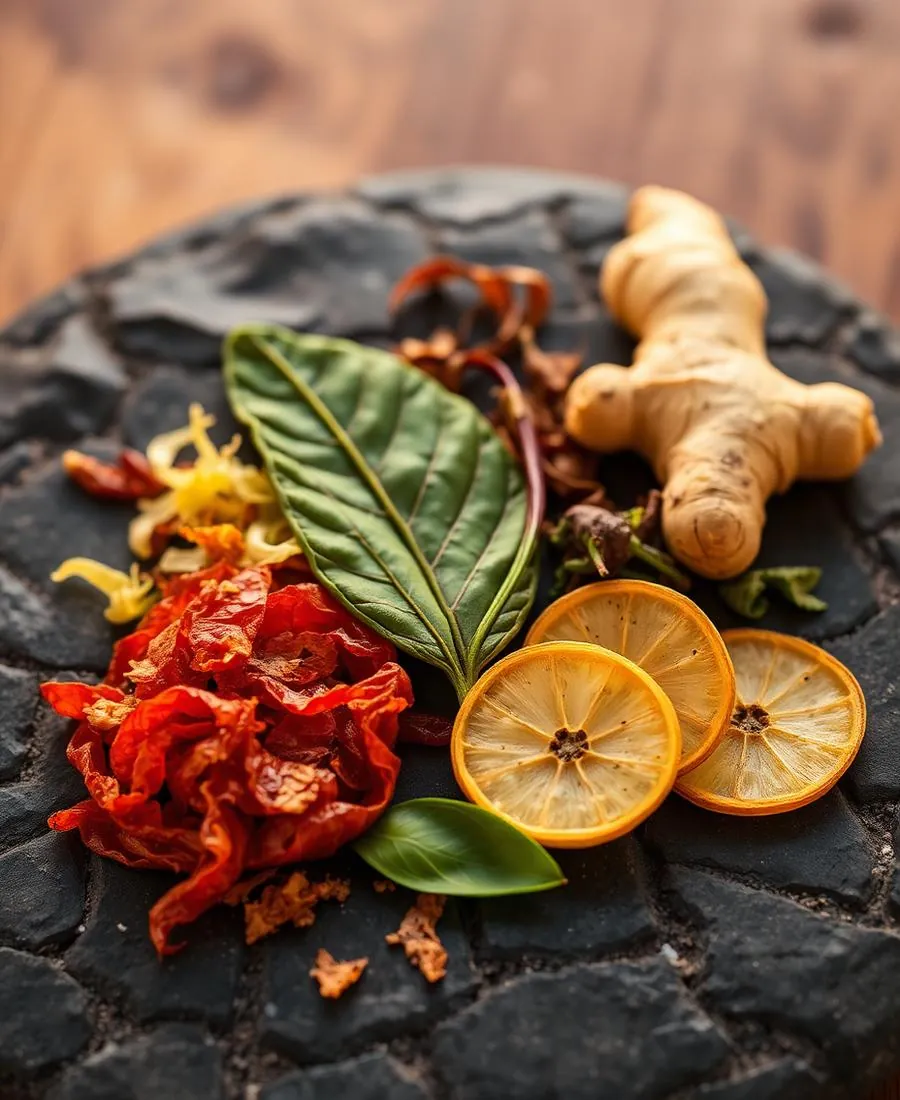 Assorted dehydrated vegetables, herbs and citrus slices