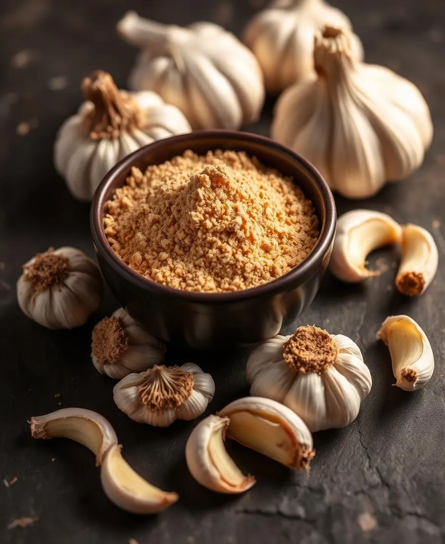 Dehydrated garlic powder in a bowl surrounded by garlic bulbs