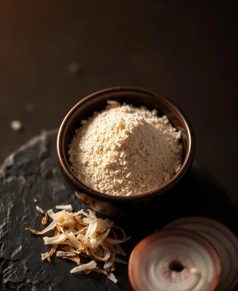 Onion powder in a dark bowl with dried onion flakes