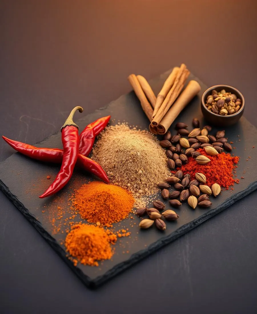 Whole and ground Indian spices on dark slate